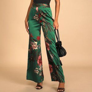Green Floral Print Satin Wide-Leg Pants (Thriving Vibes)